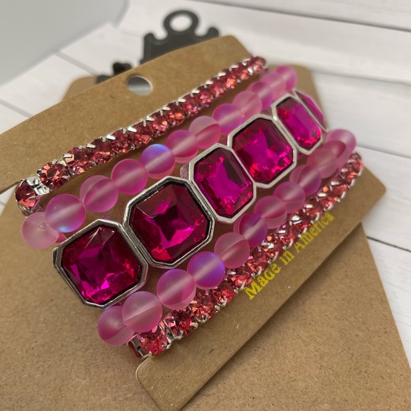 Set of 5 stackable bracelets in high style hot pink crystal. - Picture 7 of 10
